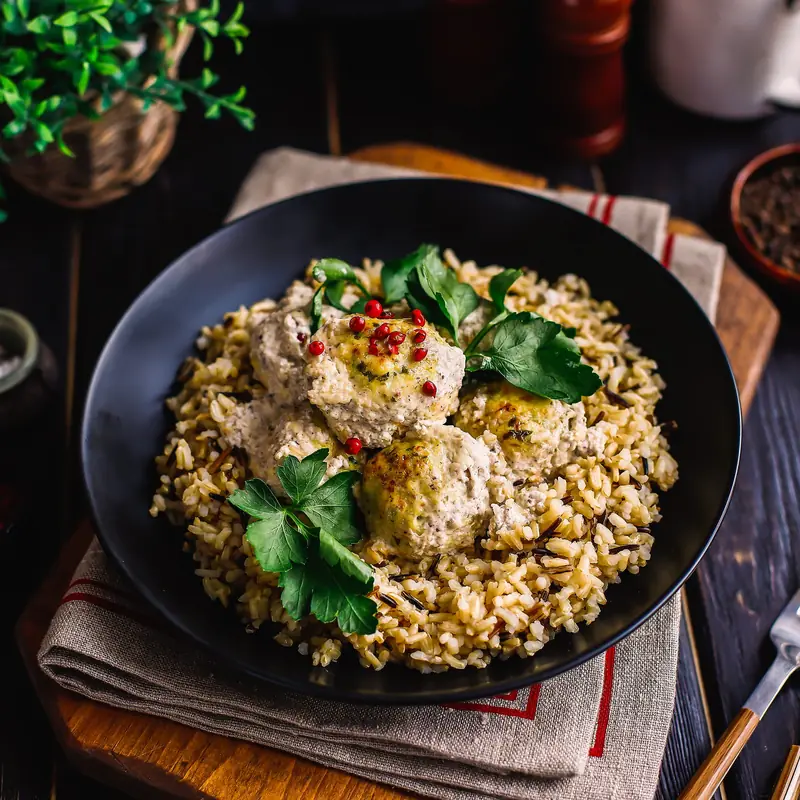 Тефтели из курицы в сливочном соусе с рисом — курс «Много птицы»